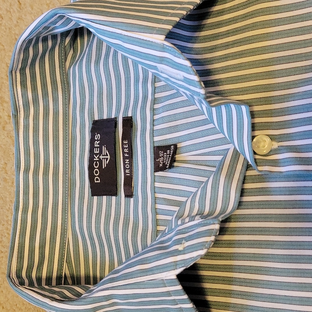 Dockers Large Dress Shirt Long Sleeve Blue Green & White Striped - Picture 3 of 5